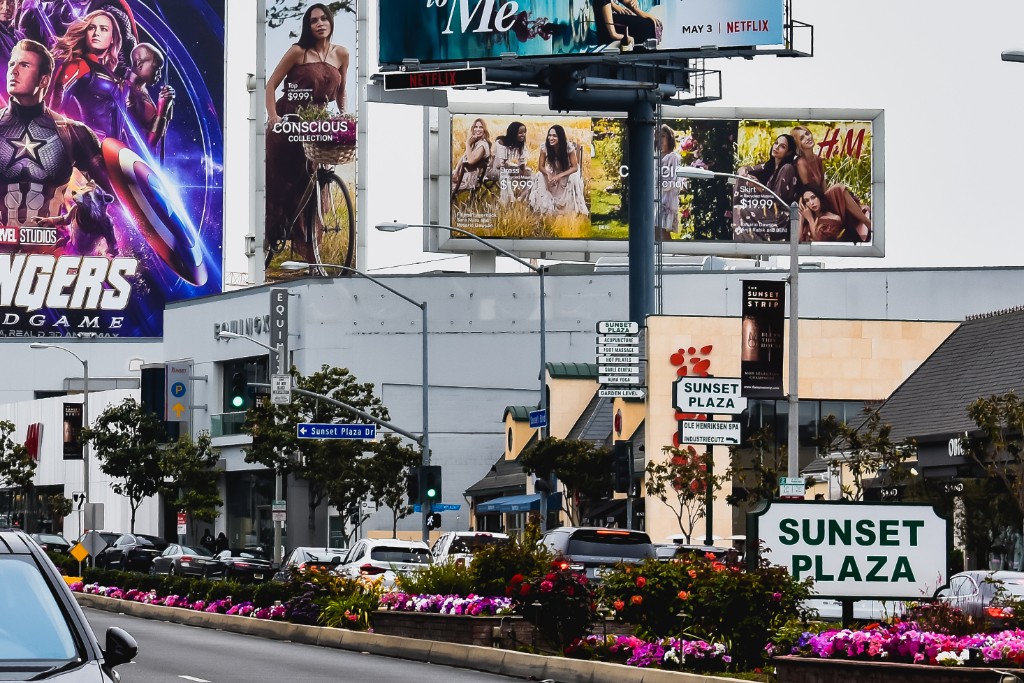 Sunset Plaza with bolboards and cars