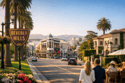 Streetscape view of Beverly Hills showcasing palm-lined roads, luxury architecture, and everyday life in one of California’s most prestigious neighborhoods.