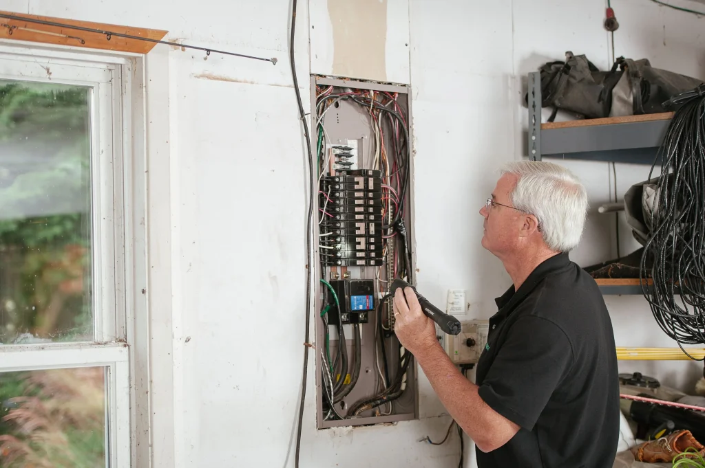 Home Inspector looking at breaker box