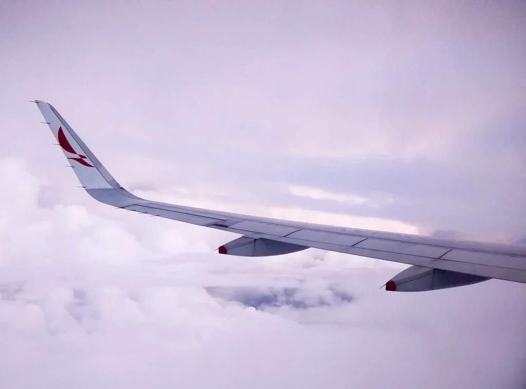View of plane wing from inside plane
