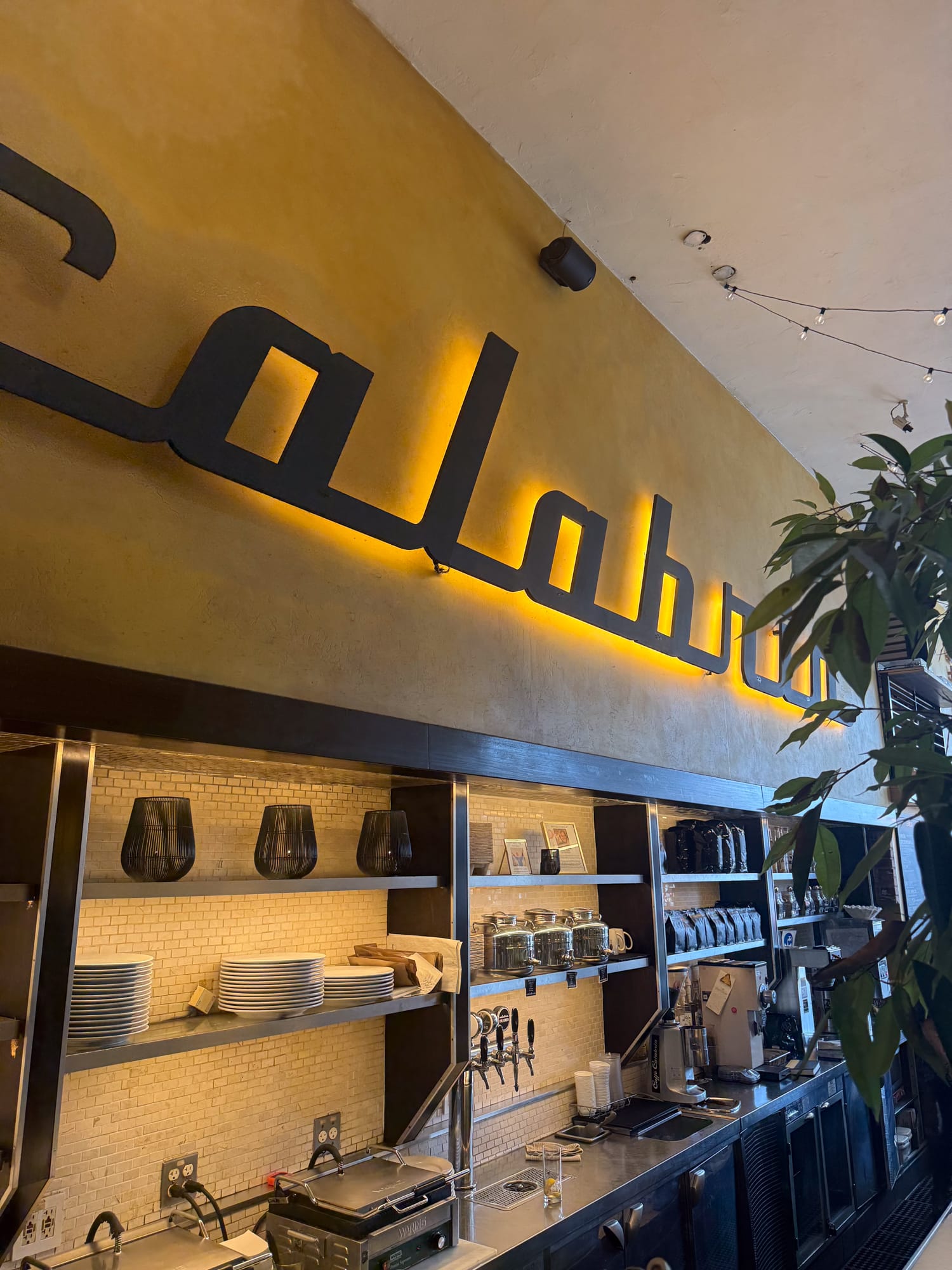 Backlit Calabria sign and coffee bar shelving inside Caffe Calabria in North Park San Diego