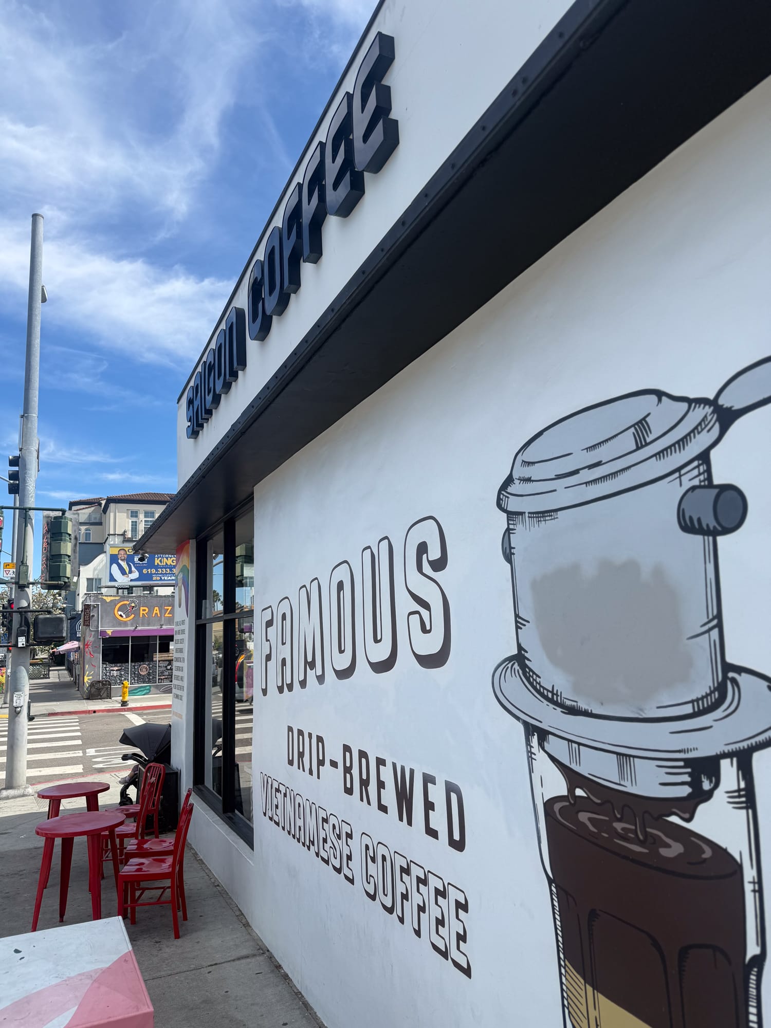 Saigon Coffee storefront mural reading Famous Drip-Brewed Vietnamese Coffee with phin filter illustration on 30th Street North Park