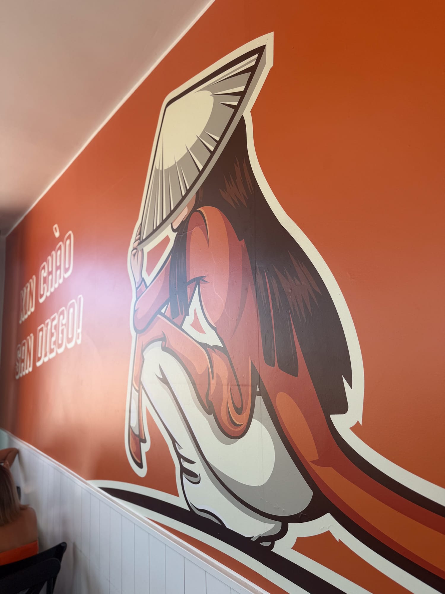 Xin Chao San Diego mural inside Saigon Coffee featuring a woman in traditional Vietnamese conical hat