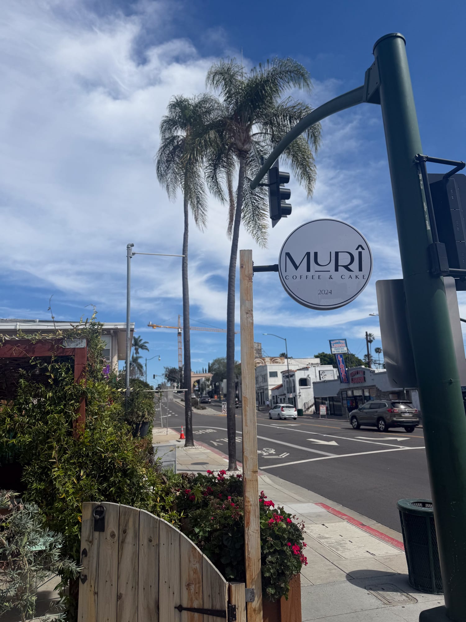 Muri Coffee and Cake hanging sign with palm trees on University Avenue in North Park San Diego