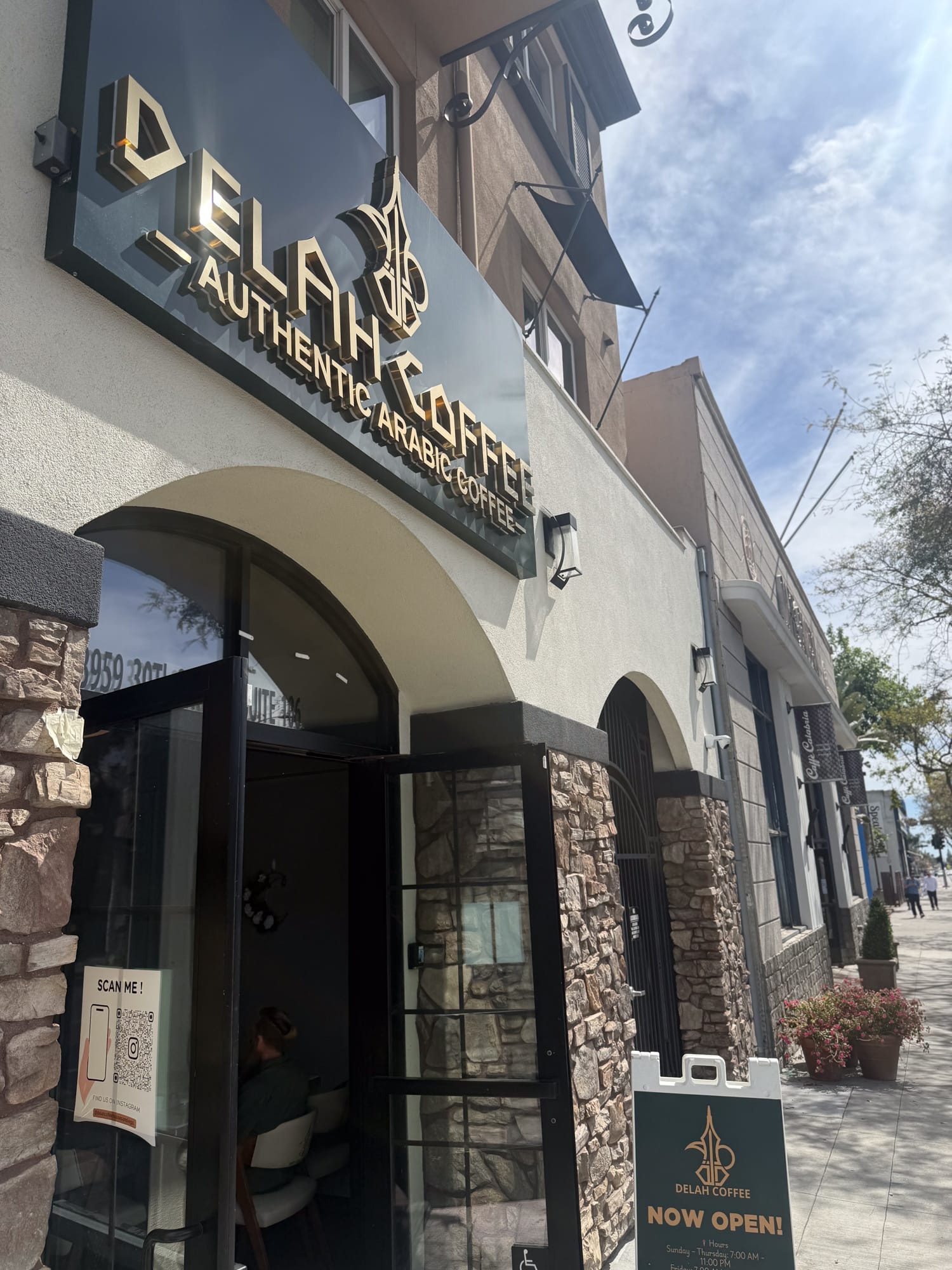 Delah Coffee Authentic Arabic Coffee storefront with gold signage and stone accents on 30th Street North Park San Diego