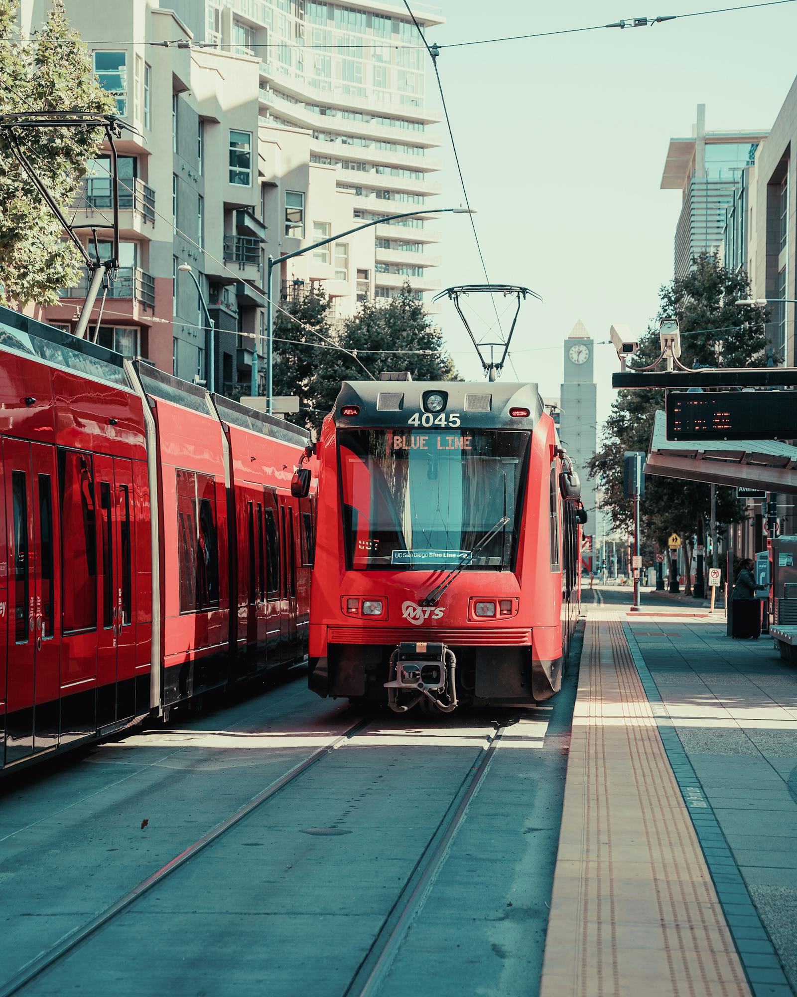 City trolley moving through a San Diego street