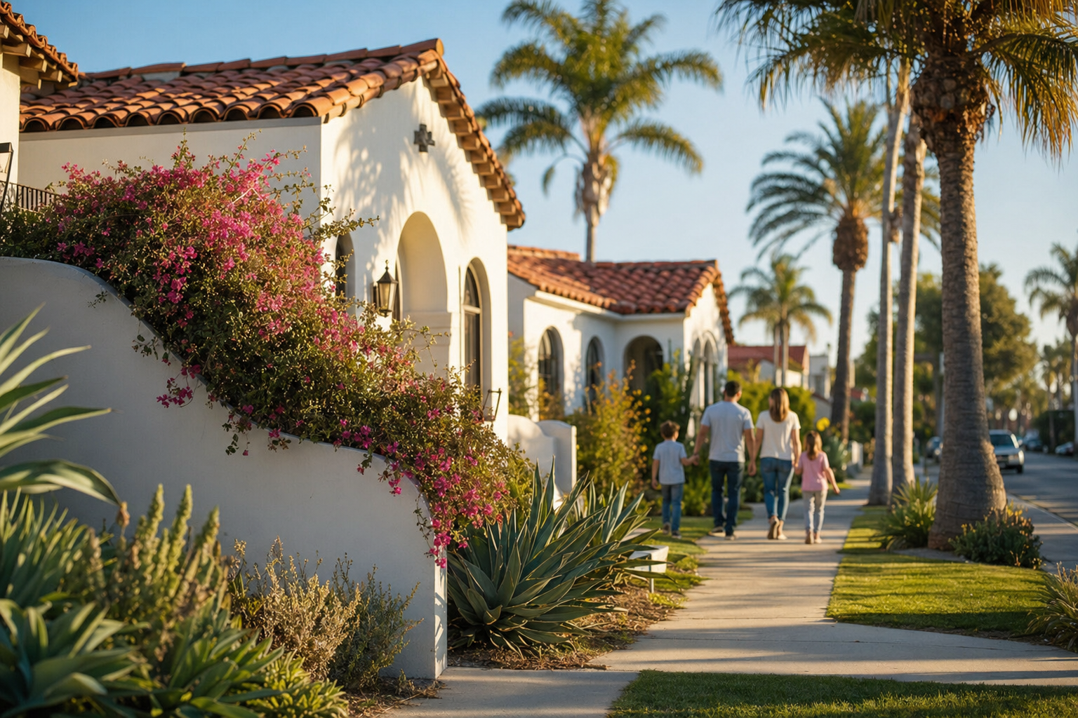 Family of four walking past Spanish-style stucco bungalows on a sunny San Diego residential street with palm trees and bougainvillea