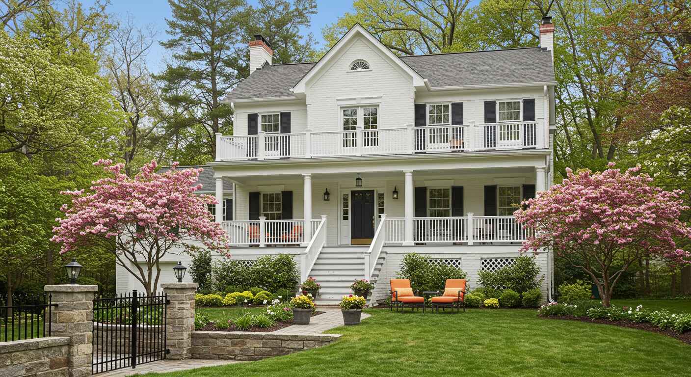 A charming white house with black shutters, surrounded by blooming pink trees and a well-kept garden. Cozy seating on the porch.