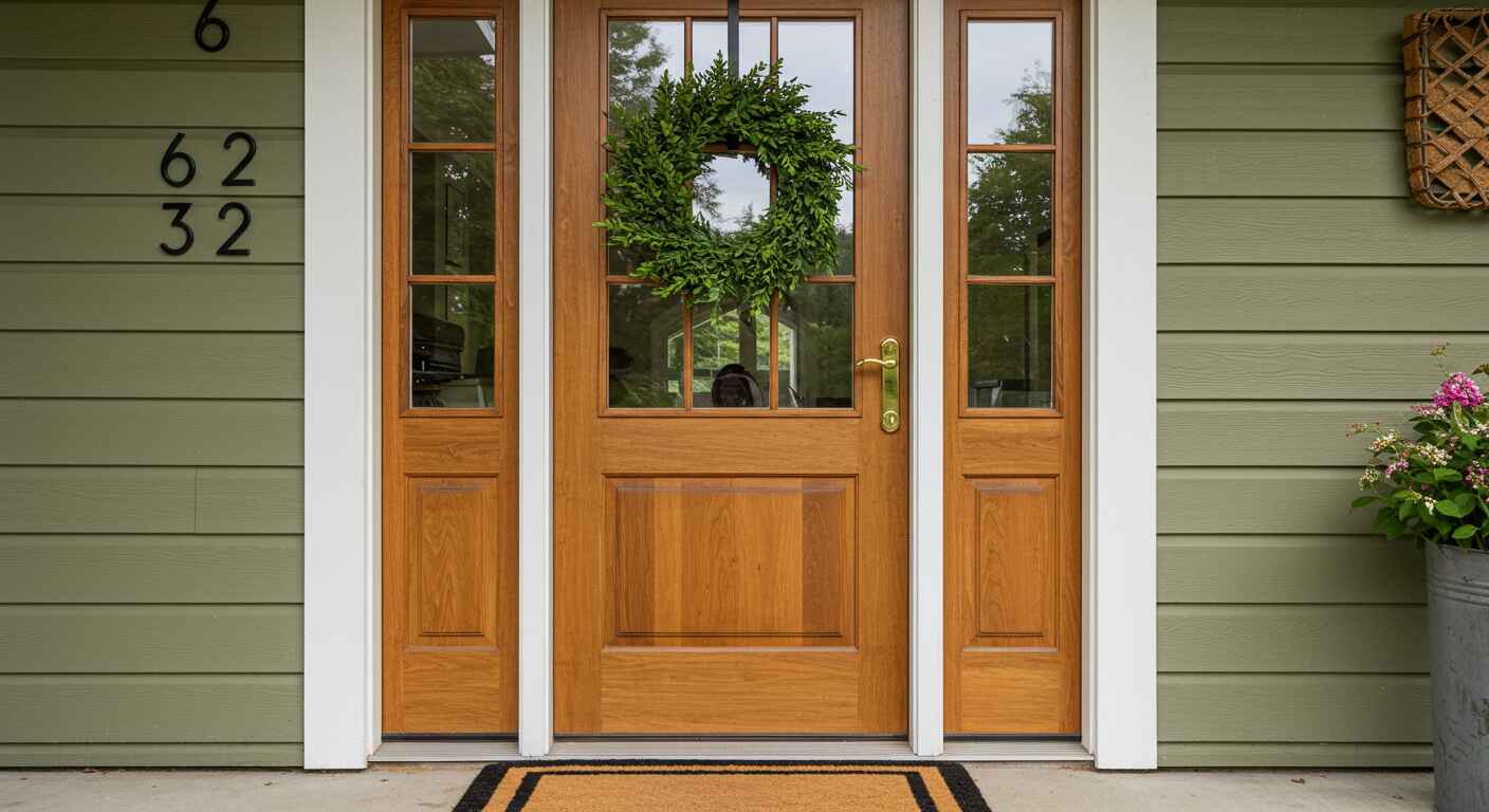 A wooden front door with a wreath, flanked by house numbers and a flower pot, set against green siding.
