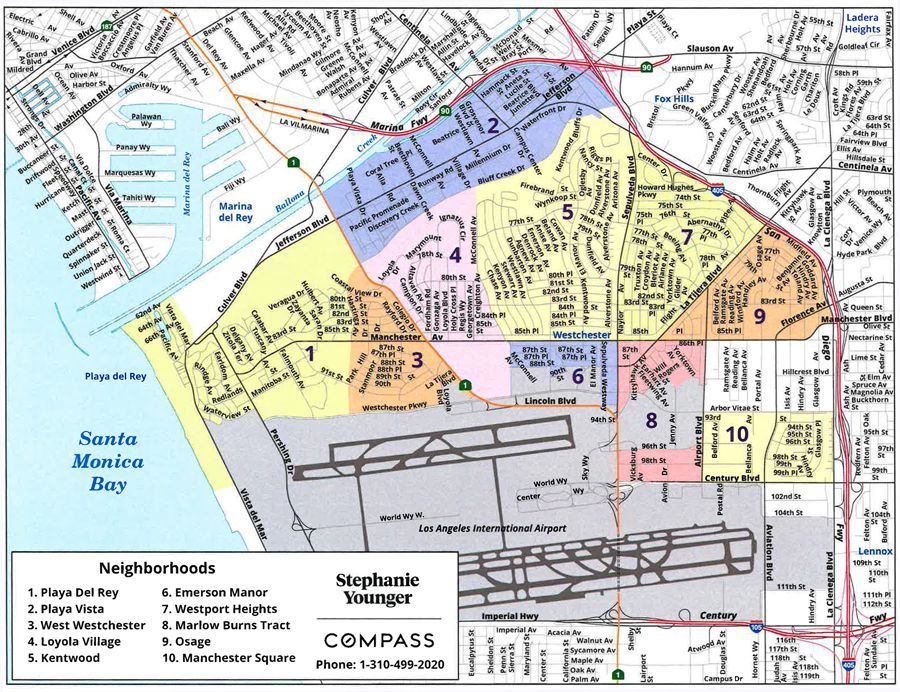 A detailed map of neighborhoods in the Playa del Rey area, highlighting various districts and streets.