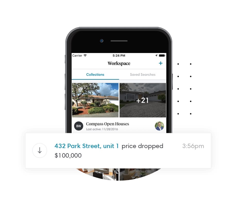 A smartphone displays a real estate app with a price drop notification for a property at 432 Park Street, unit 1, now $100,000.