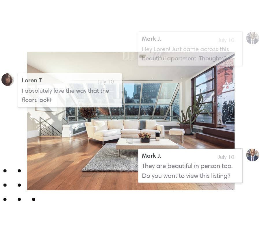 A modern apartment interior with large windows, a white sofa, and wooden floors. Chat messages discuss the apartment's appeal.