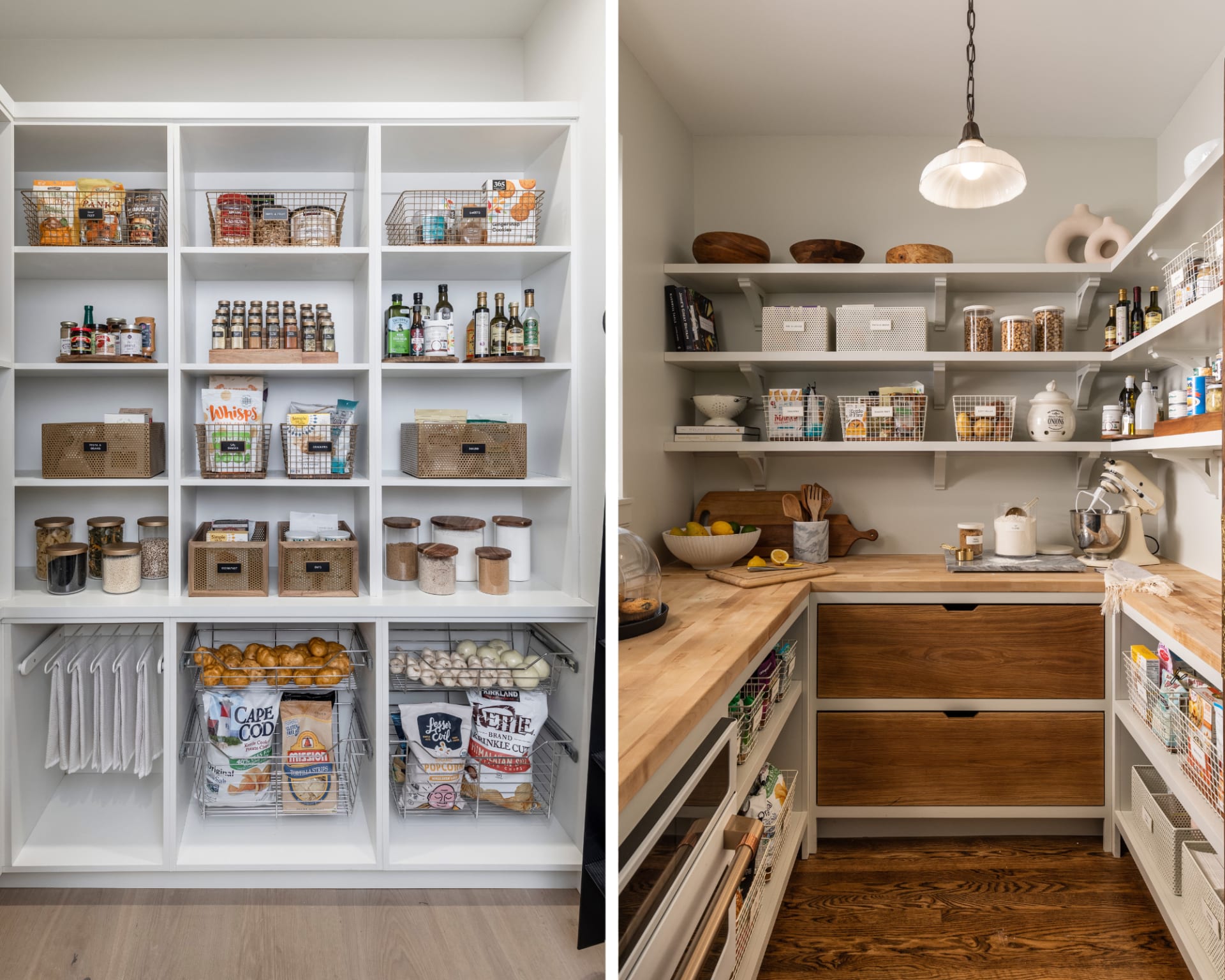 Two organized pantry spaces featuring shelves with baskets, jars, and various food items, along with a wooden countertop and storage drawers.