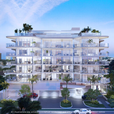 Alana Residences Bay Harbor modern condo building with tropical landscaping and glass façade