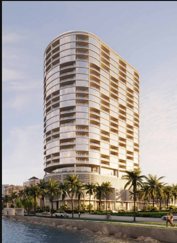 Shorecrest West Palm Beach – modern luxury waterfront condominium with sleek curved architecture, framed by palm trees and overlooking the Intracoastal Waterway.