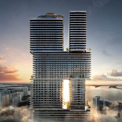 Hero view of Mercedes-Benz Places Miami showing modern tower design, glass façade, and bold skyline presence