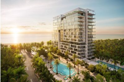 Raleigh Residences Miami Beach oceanfront tower and restored Art Deco hotel facade at sunset