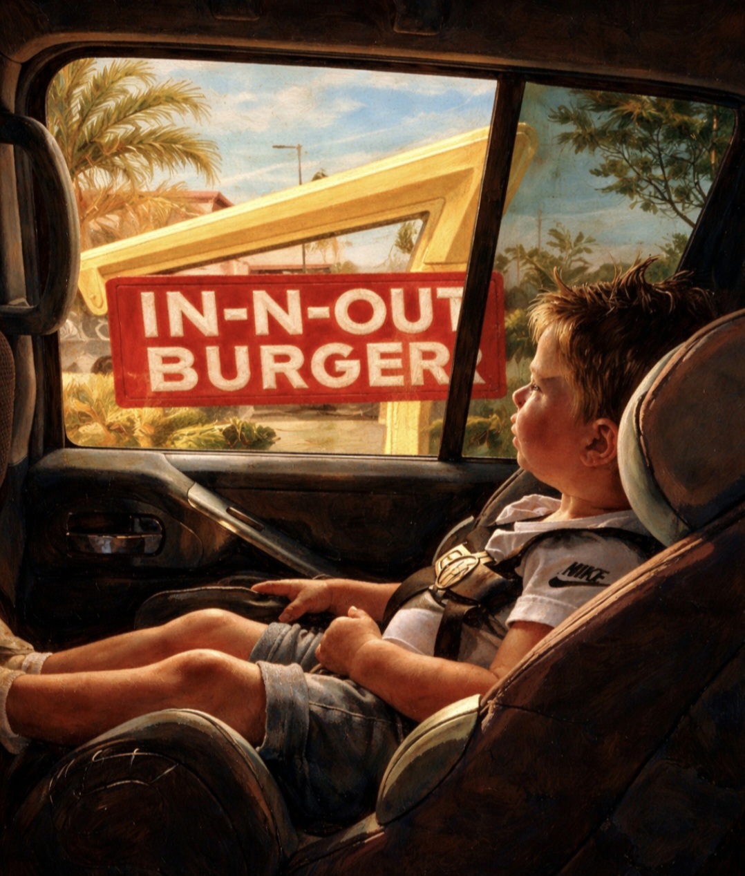 Grandson Hudson Joseph looking toward an In-N-Out Burger sign from a car window