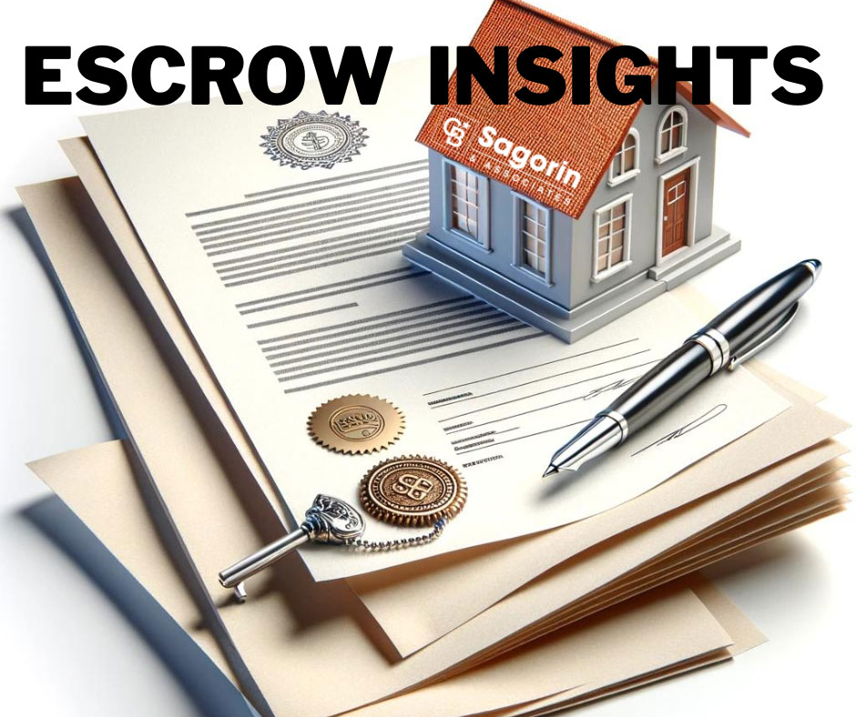 Escrow Insights graphic for Irvine real estate transactions showing house, contract, coins, and notary seal by Debbie Sagorin