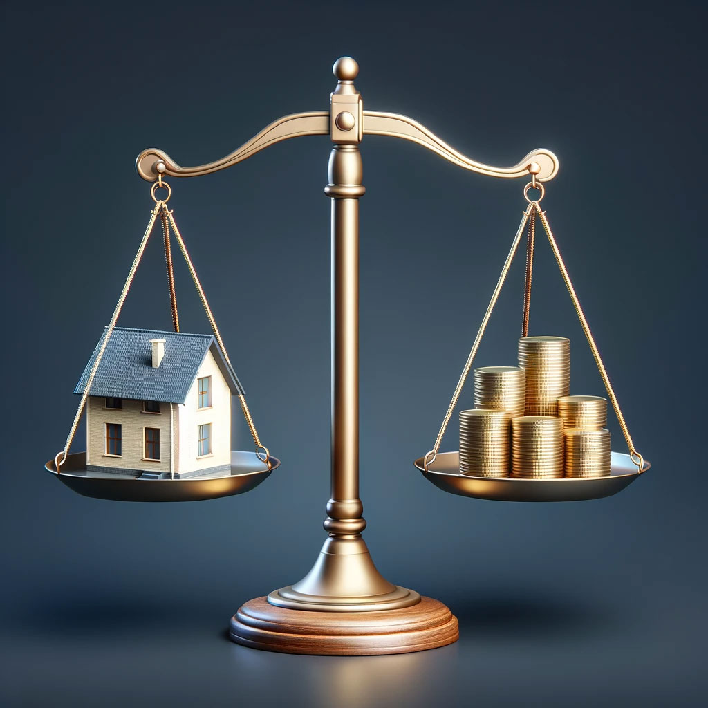 Balanced scale with house and coins representing the neutral role of escrow in an Irvine real estate transaction