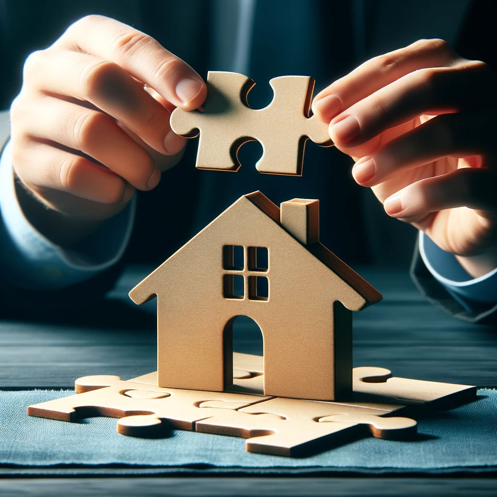 Hands completing a house-shaped puzzle representing how escrow brings every piece of an Irvine real estate transaction together
