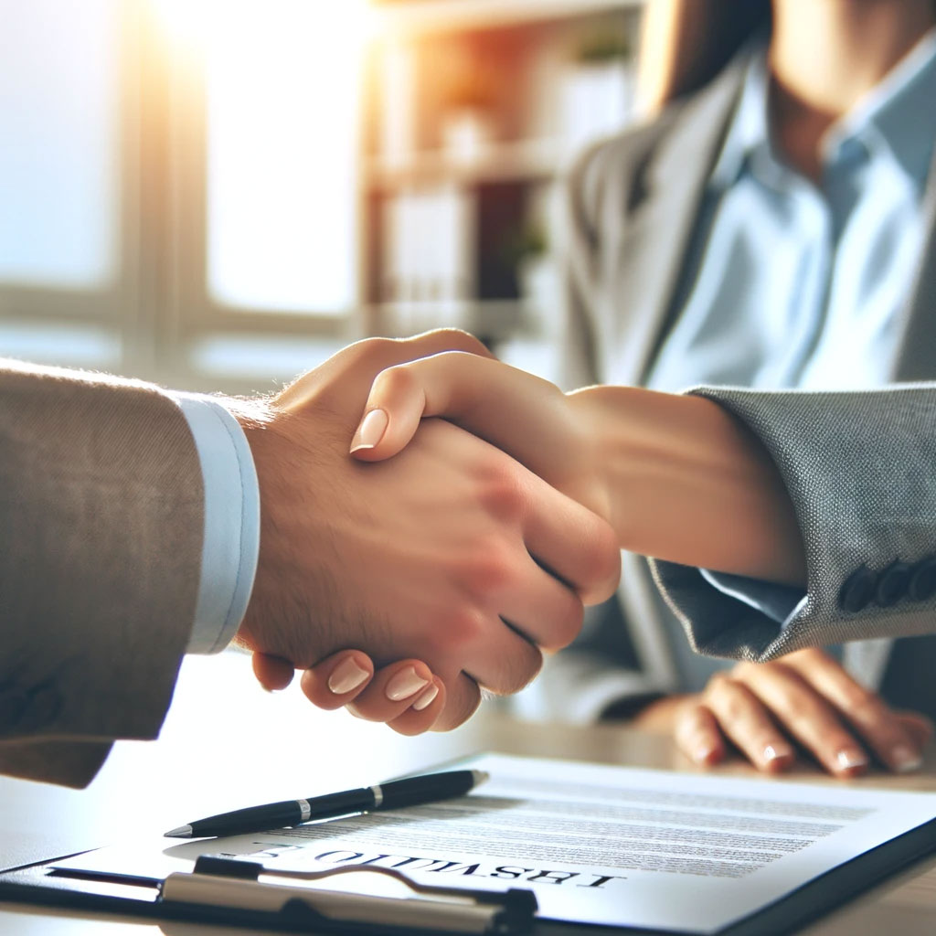 Handshake between an Irvine real estate agent and client over signed closing documents at the end of escrow