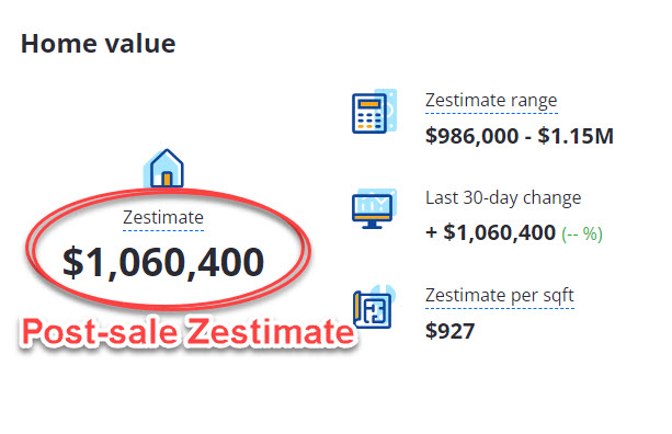 Zillow Zestimate for 30 Autumnleaf in Woodbridge, Irvine, captured after the sale closed, showing how the algorithm revised upward to match the actual sale price secured by Coldwell Banker REALTOR Debbie Sagorin