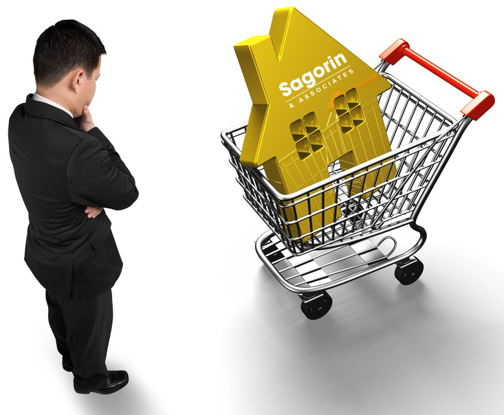 Illustration of a shopping cart filled with house icons representing housing affordability and buying power