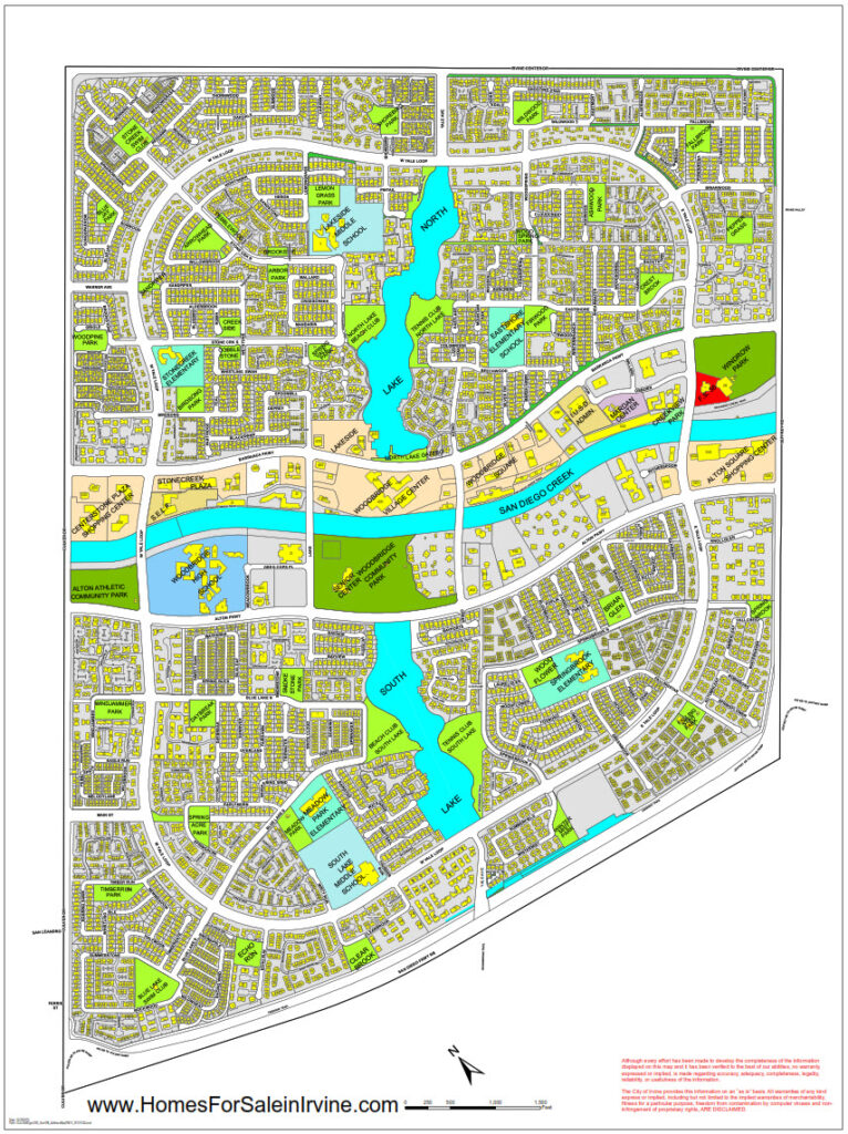 Map of Woodbridge Irvine showing North Lake, South Lake, greenbelts and recreation areas