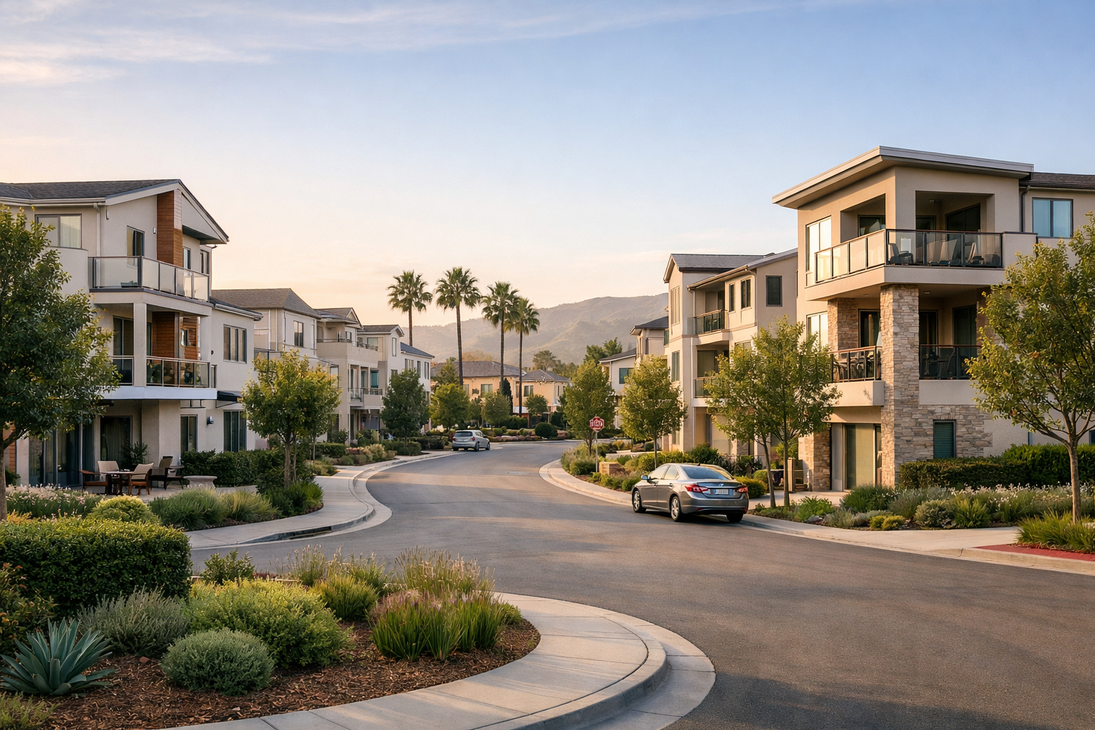 Residential street with modern homes in Irvine, California, representing the local housing market for sellers deciding whether to sell now or wait.