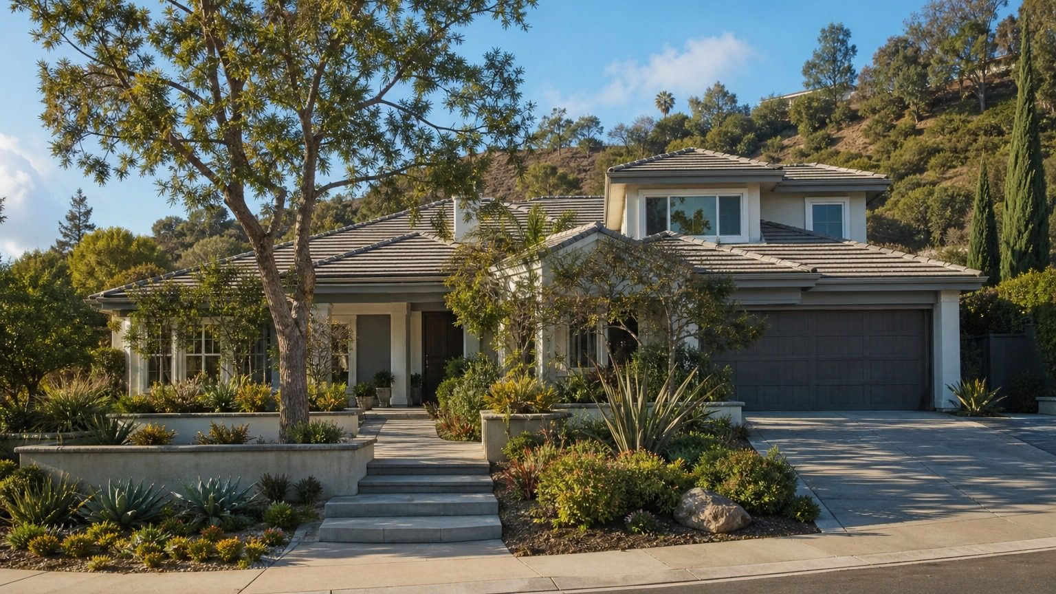 Two-story Southern California home with drought-tolerant landscaping and wooded hills behind it