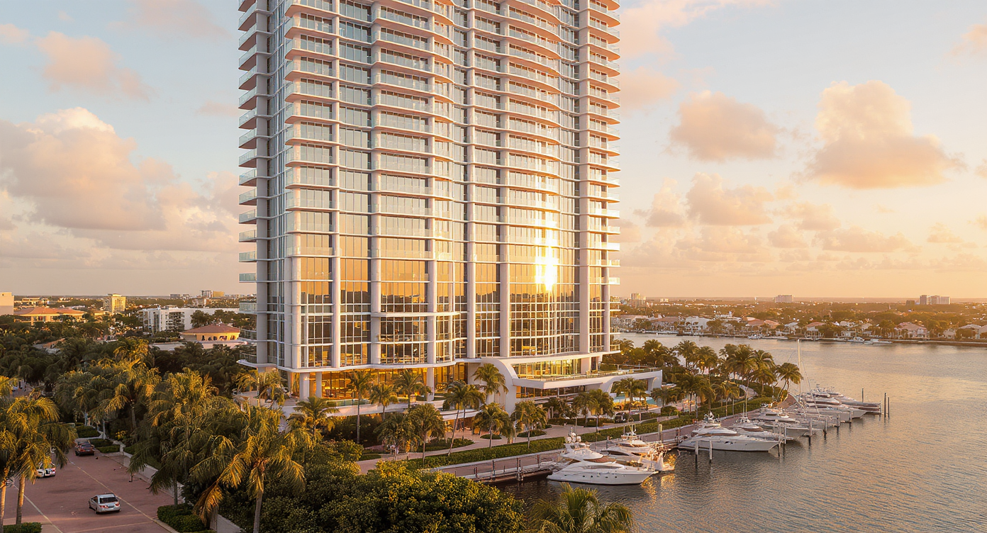 Modern luxury waterfront condominium tower in Boca Raton at sunset with private yacht docks