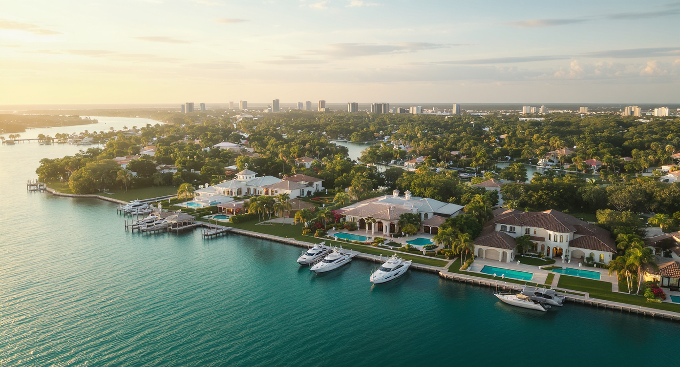 Aerial view of Boca Raton luxury waterfront mansions with private pools and yacht docks