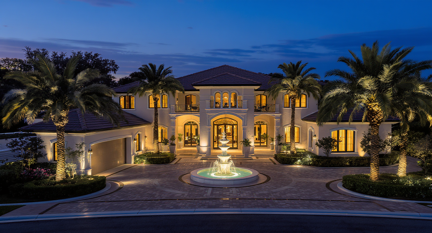 Boca Raton Mediterranean luxury estate at twilight with motor-court entry and fountain