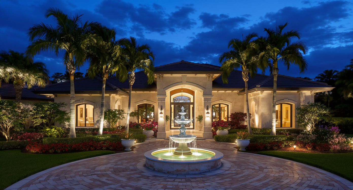 Boca Raton luxury estate at night with illuminated fountain entry and warm interior lighting