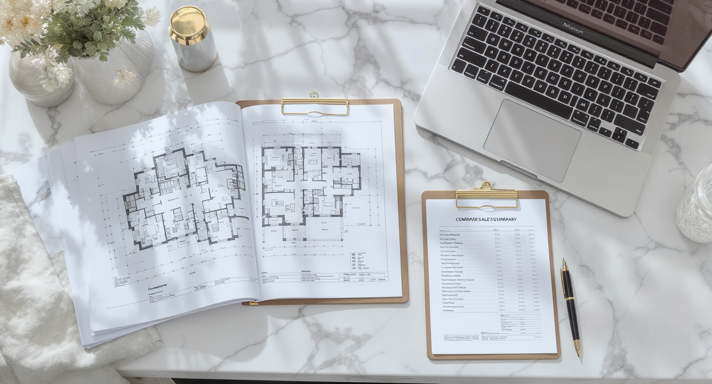 Luxury home appraiser desk with floor-plan blueprints, comparable-sales report, and laptop on white marble