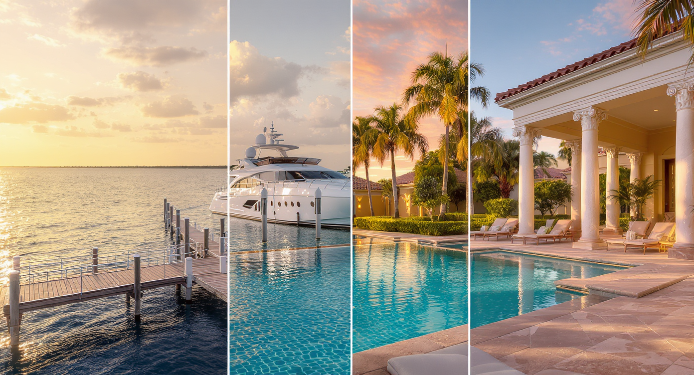 Luxury estate amenity collage with private yacht dock, infinity pool, and travertine loggia at golden hour