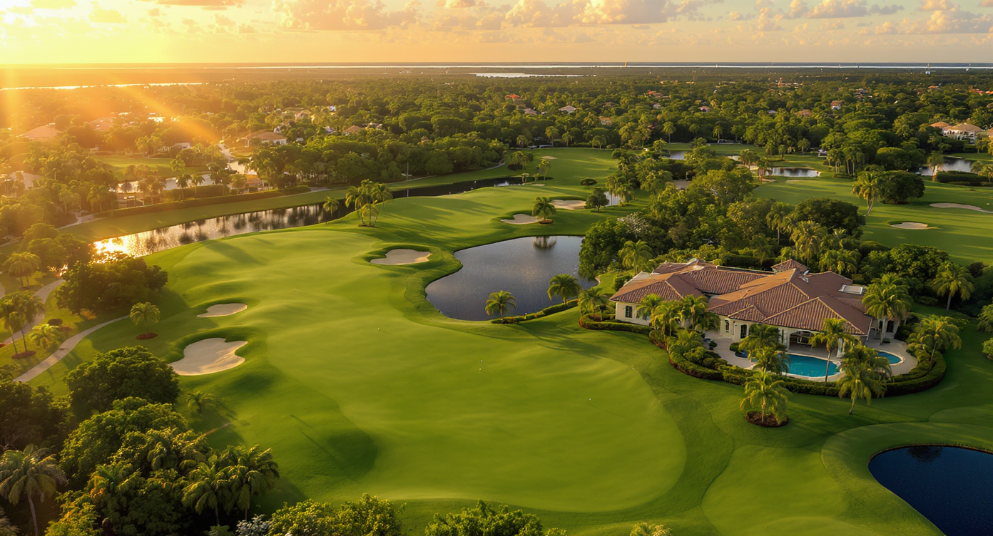 Aerial view of a Boca Raton private golf country club at sunset with manicured fairways and lakes