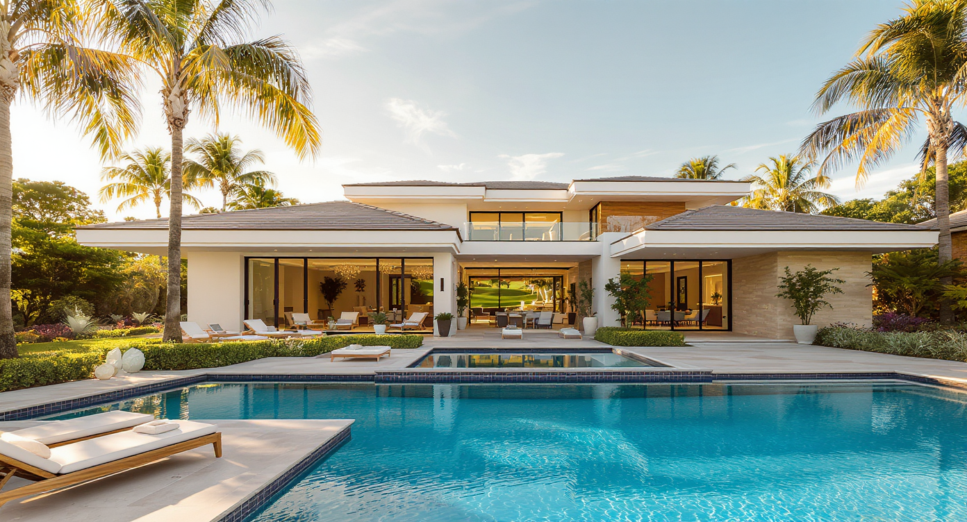 Modern luxury home on a Boca Raton private golf course with pool, palm trees, and fairway view
