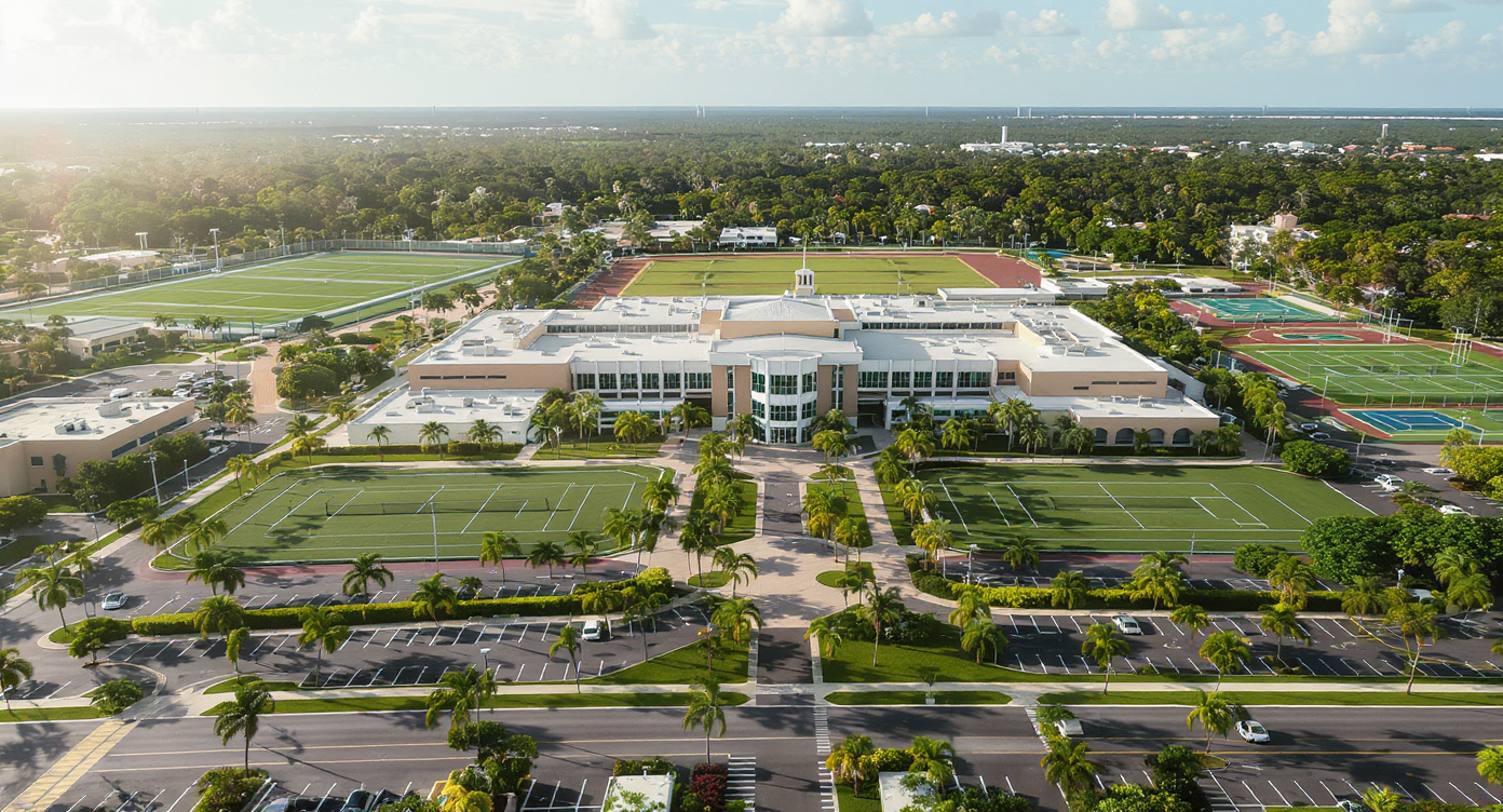 Aerial view of a top-rated Boca Raton public high school campus with athletic fields