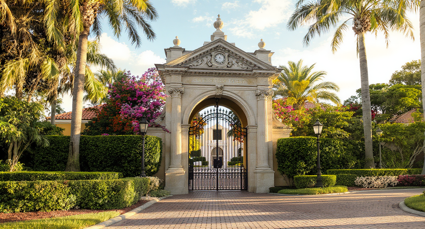 Historic stone gatehouse entrance to a private K-12 school in Boca Raton framed by royal palms