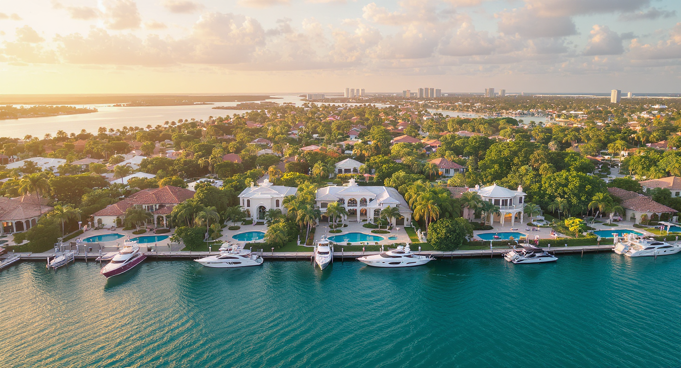 Aerial view of Boca Raton ultra-luxury waterfront mansions with private yacht docks at golden hour