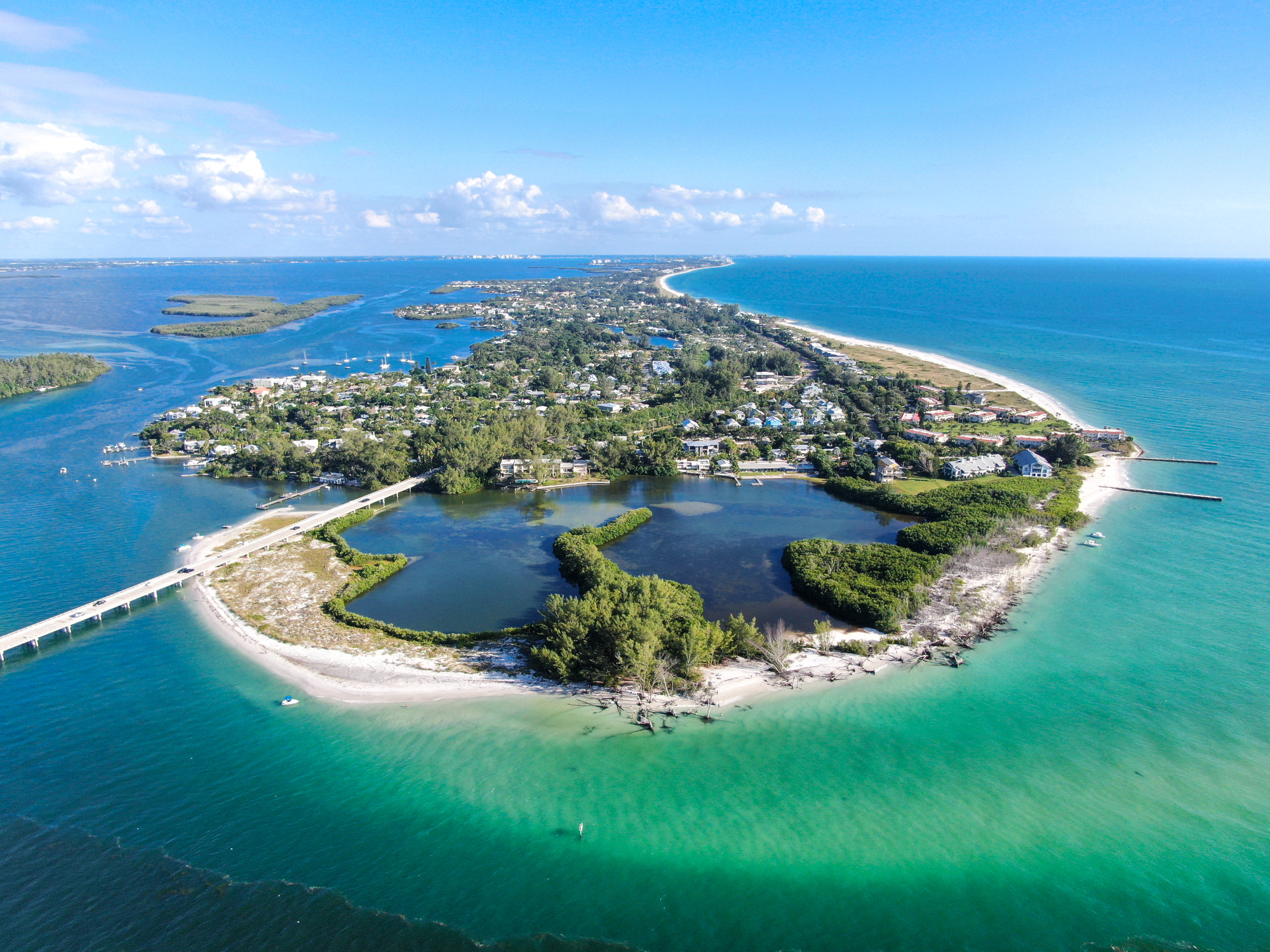 Aerial view of Longboat Key town and beaches in Manatee and Sarasota counties along the central west coast of the U.S. state of Florida.