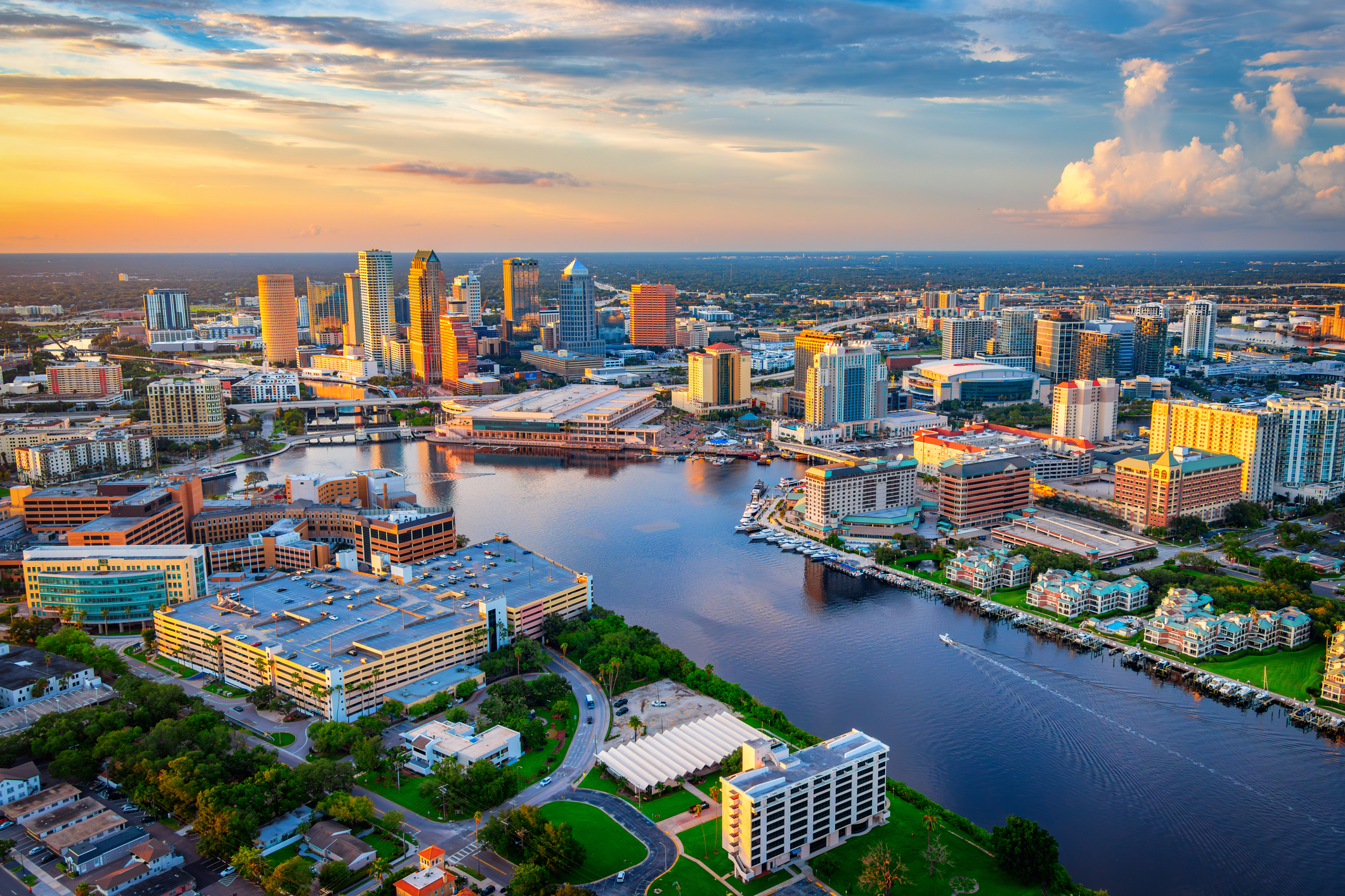 Aerial view of downtown Tampa, Florida and the surrounding neighborhoods shot via helicopter from an altitude of about 800 feet.