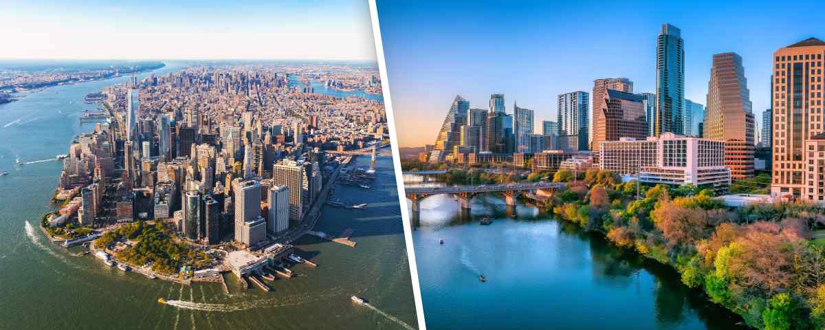 skyline views of Manhattan and Austin, Texas
