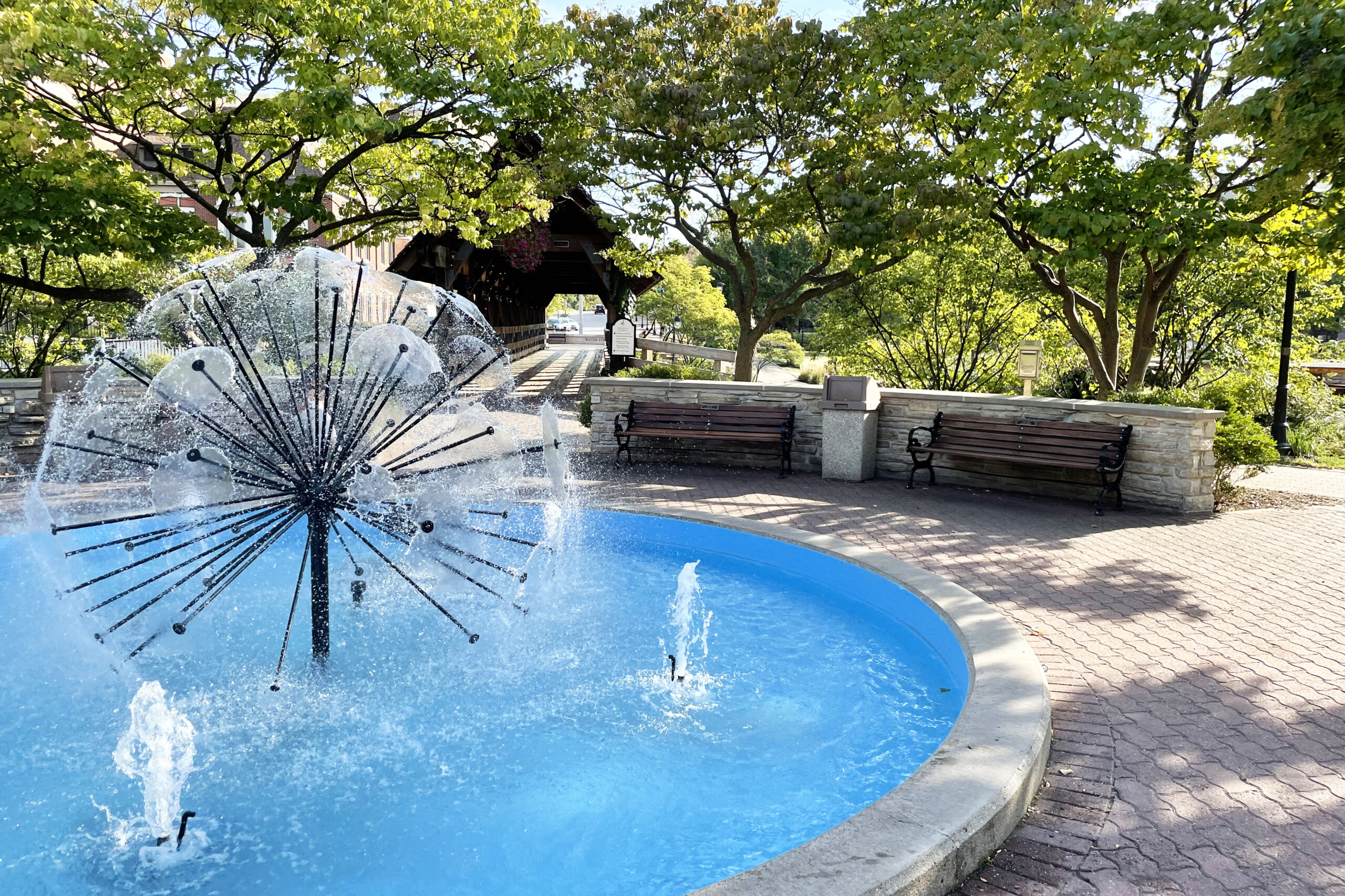 Naperville Downtown Riverwalk | Dandelion Fountain and Covered Bridge