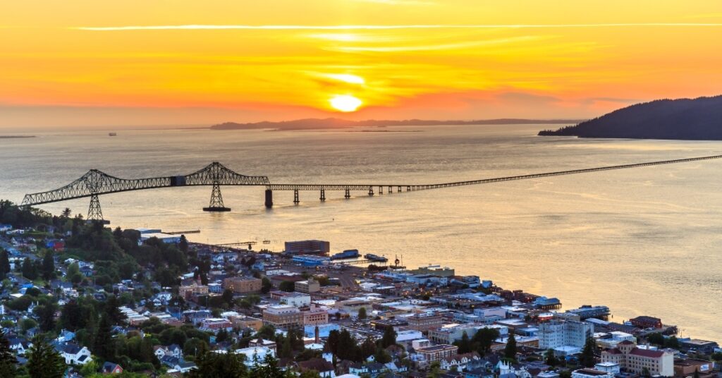 An overlook of Astoria, Oregon from the hill above town. Looking down on the meeting of the Columbia River and the Pacific Ocean.
