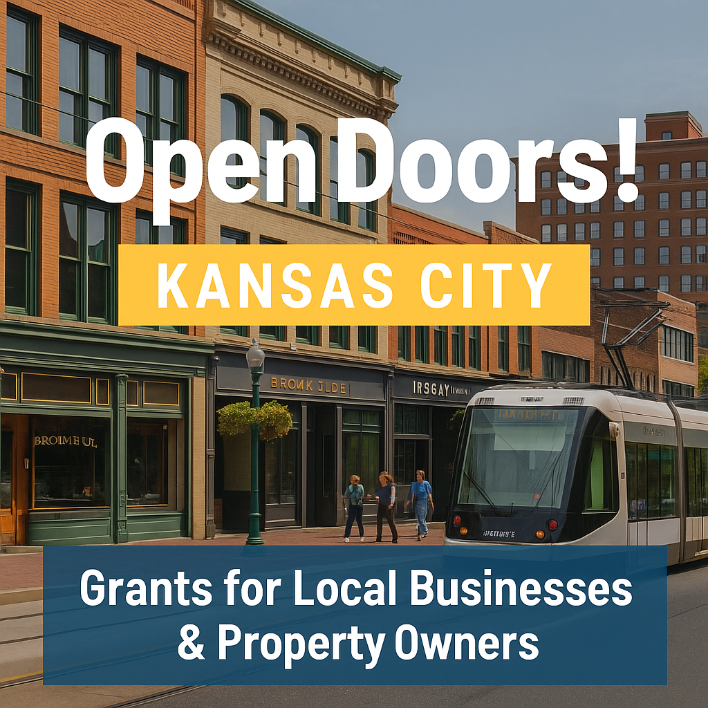 Downtown Kansas City with the KC Streetcar passing vibrant local storefronts, representing the Open Doors! Program that offers grants and lease incentives for small businesses and property owners ahead of the 2026 FIFA World Cup.