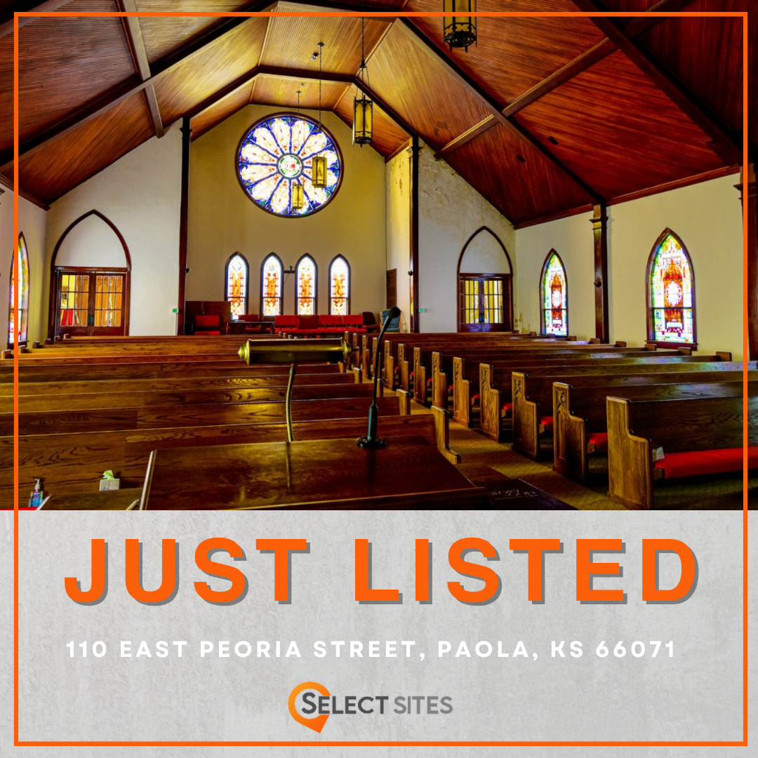 Historic 30,000-square-foot church at 110 E Peoria Street in downtown Paola, Kansas, listed on the National Register of Historic Places