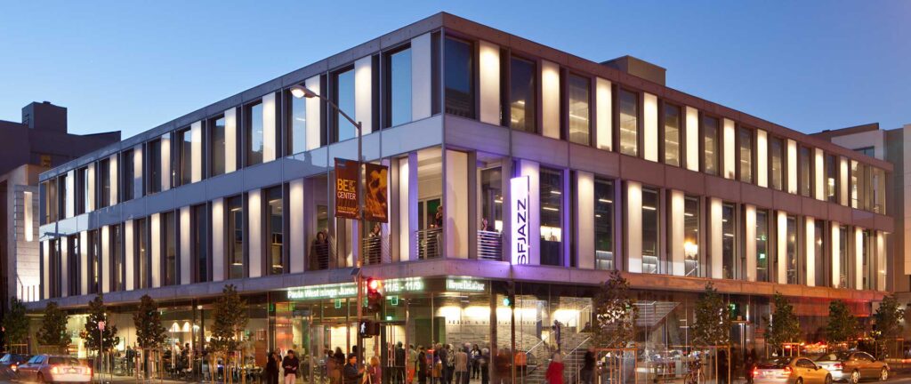 Exterior View of the Modern Building that is the SF Jazz Center at Dusk